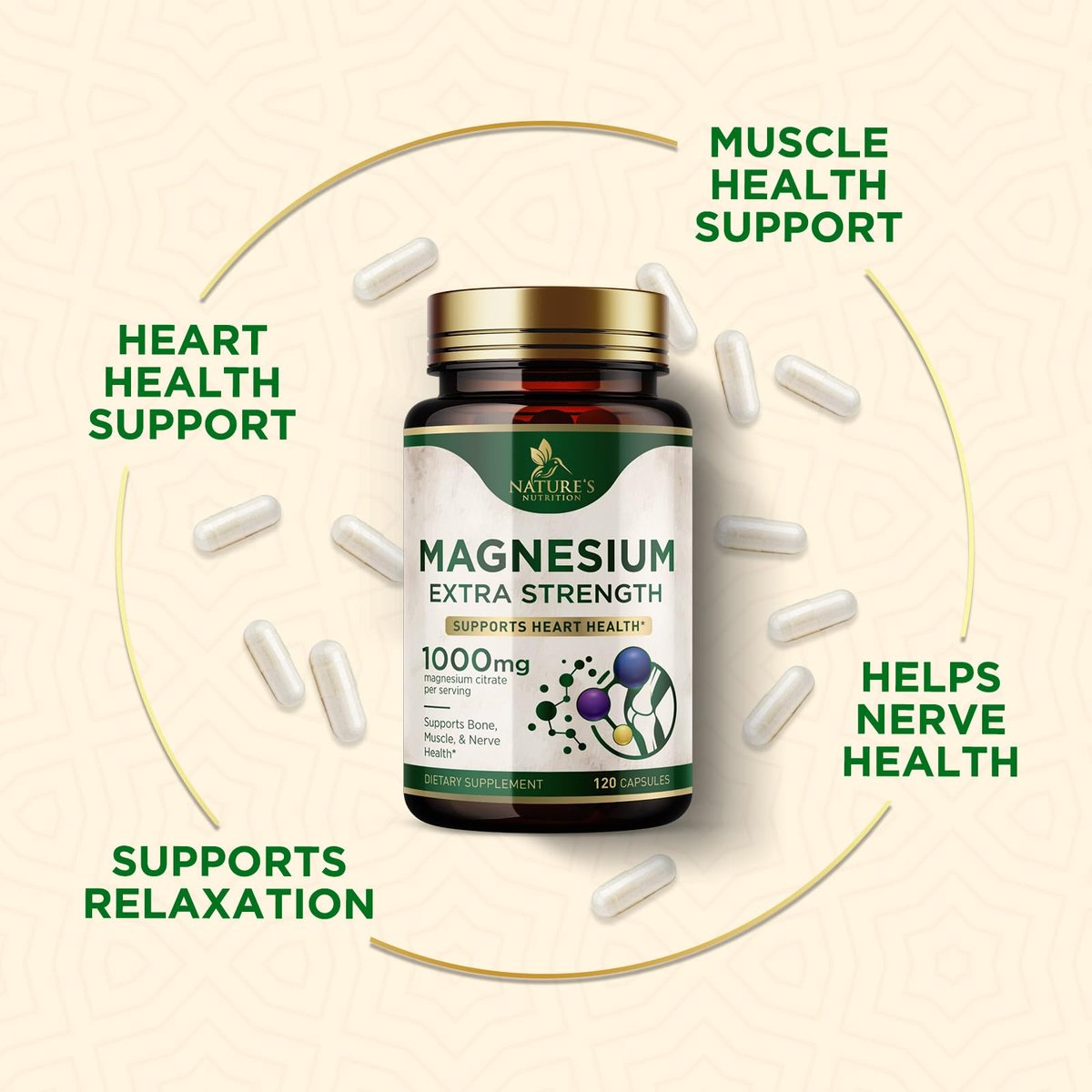 Magnesiumcitrat 1000 mg pro Portion – Extra starkes Magnesium für Knochen-, Muskel-, Nerven- und Herzgesundheit, natürliches Magnesiumpräparat für Ruhe und Ganzkörperunterstützung, in den USA abgefüllt – 120 Kapseln