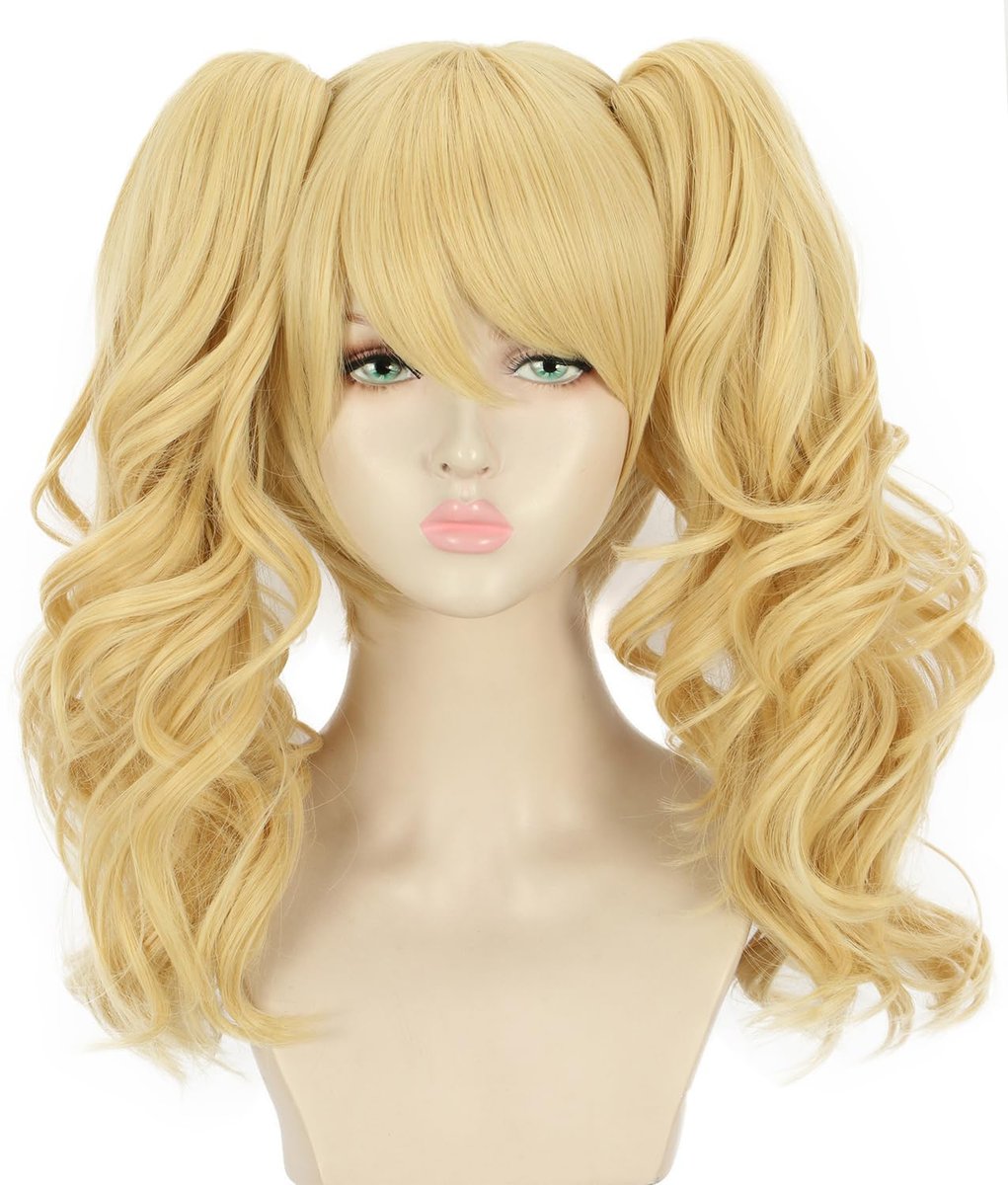 Yuehong Lange Lockige Blonde Doppel-Pferdeschwanz Perücke für Frauen – Halloween Cosplay Kostüm
