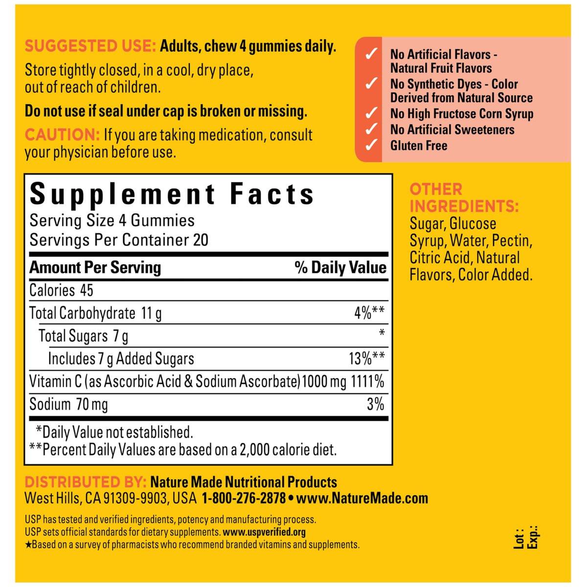 Nature Made Vitamin C 1000 mg pro Portion – Immununterstützung für Erwachsene, 80 Gummibärchen, 20-Tage-Vorrat