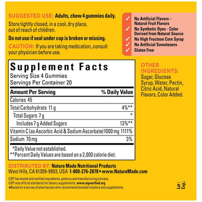 Nature Made Vitamin C 1000 mg pro Portion – Immununterstützung für Erwachsene, 80 Gummibärchen, 20-Tage-Vorrat