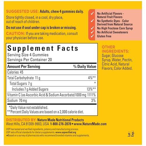 Nature Made Vitamin C 1000 mg pro Portion – Immununterstützung für Erwachsene, 80 Gummibärchen, 20-Tage-Vorrat