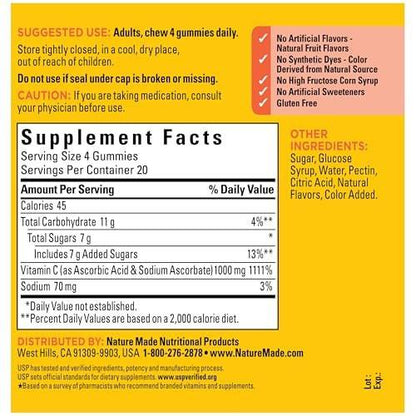 Nature Made Vitamin C 1000 mg pro Portion – Immununterstützung für Erwachsene, 80 Gummibärchen, 20-Tage-Vorrat