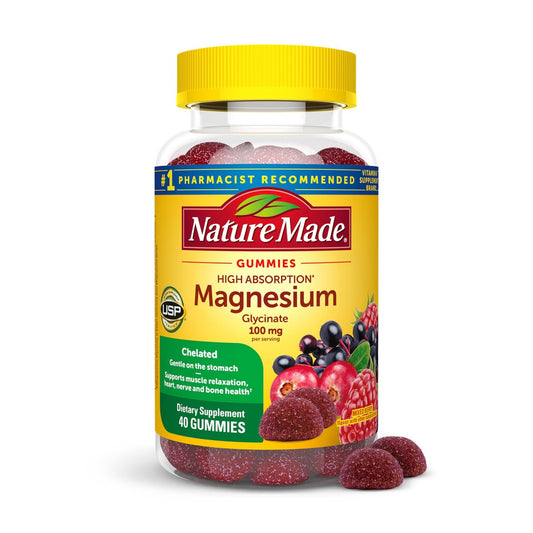 Nature Made Hochdosiertes Magnesiumglycinat Gummis 100 mg pro Portion – Unterstützung für Muskeln, Nerven, Knochen und Herz – Magnesiumergänzung, 40 Gummis, 20 Tage Vorrat
