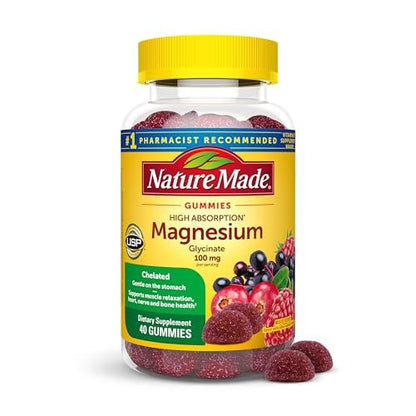 Nature Made Hochdosiertes Magnesiumglycinat Gummis 100 mg pro Portion – Unterstützung für Muskeln, Nerven, Knochen und Herz – Magnesiumergänzung, 40 Gummis, 20 Tage Vorrat
