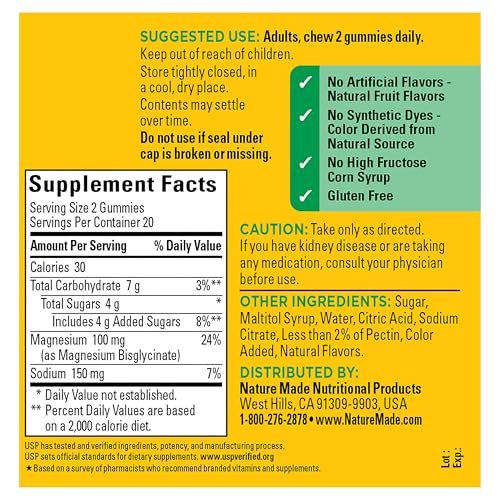 Nature Made Hochdosiertes Magnesiumglycinat Gummis 100 mg pro Portion – Unterstützung für Muskeln, Nerven, Knochen und Herz – Magnesiumergänzung, 40 Gummis, 20 Tage Vorrat