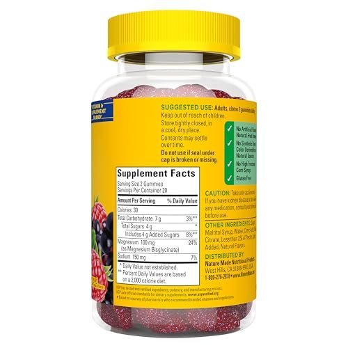 Nature Made Hochdosiertes Magnesiumglycinat Gummis 100 mg pro Portion – Unterstützung für Muskeln, Nerven, Knochen und Herz – Magnesiumergänzung, 40 Gummis, 20 Tage Vorrat