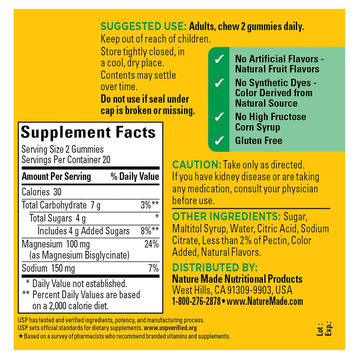 Nature Made Hochdosiertes Magnesiumglycinat Gummis 100 mg pro Portion – Unterstützung für Muskeln, Nerven, Knochen und Herz – Magnesiumergänzung, 40 Gummis, 20 Tage Vorrat