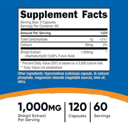 Nutricost Shilajit Kapseln (1.000 mg pro Portion) (120 Kapseln) – Shilajit-Extrakt mit natürlich vorkommender Fulvinsäure, 60 Portionen, glutenfrei, nicht gentechnisch verändert, vegan-freundliches Nahrungsergänzungsmittel