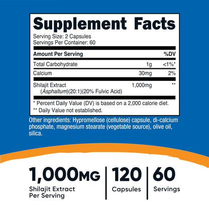 Nutricost Shilajit Kapseln (1.000 mg pro Portion) (120 Kapseln) – Shilajit-Extrakt mit natürlich vorkommender Fulvinsäure, 60 Portionen, glutenfrei, nicht gentechnisch verändert, vegan-freundliches Nahrungsergänzungsmittel