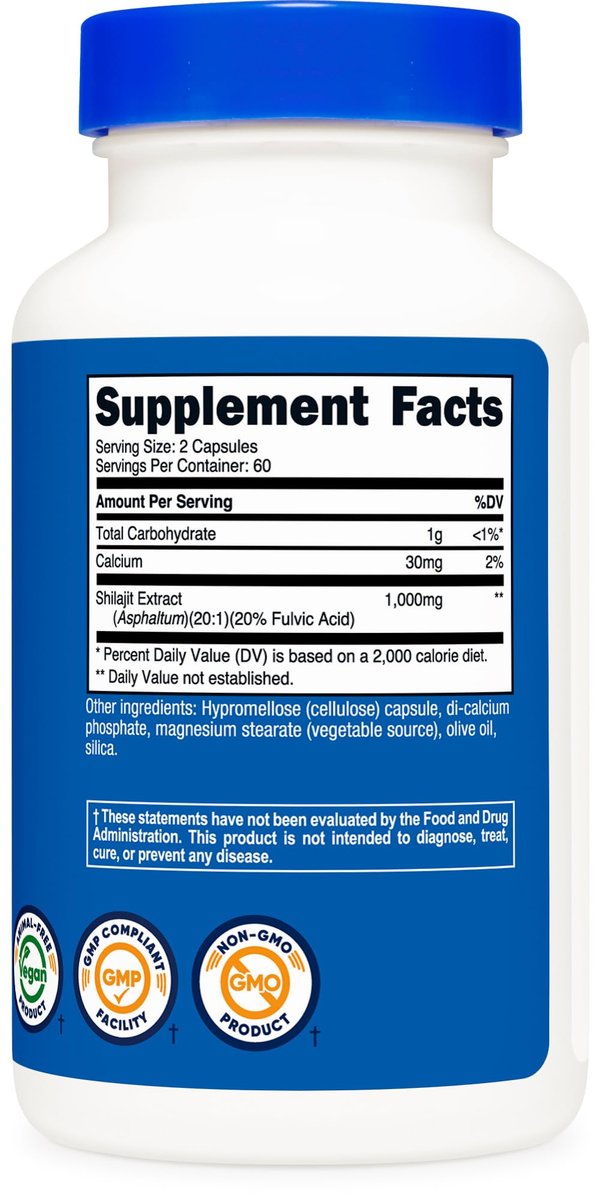 Nutricost Shilajit Kapseln (1.000 mg pro Portion) (120 Kapseln) – Shilajit-Extrakt mit natürlich vorkommender Fulvinsäure, 60 Portionen, glutenfrei, nicht gentechnisch verändert, vegan-freundliches Nahrungsergänzungsmittel