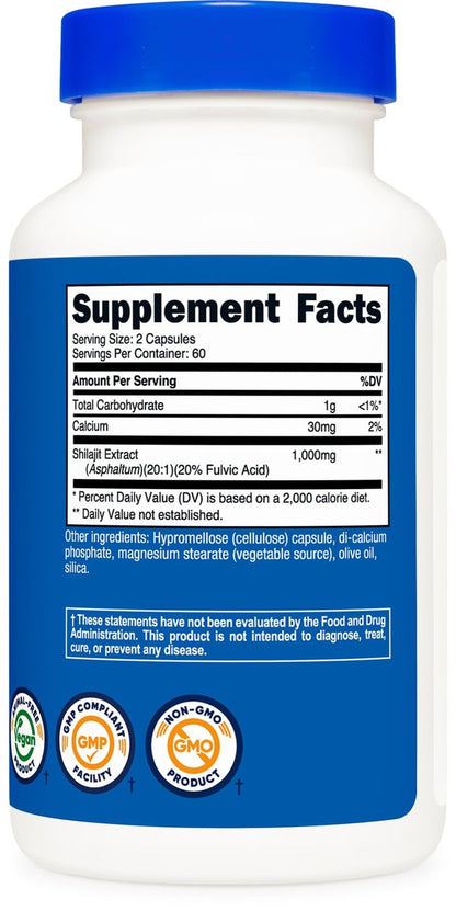 Nutricost Shilajit Kapseln (1.000 mg pro Portion) (120 Kapseln) – Shilajit-Extrakt mit natürlich vorkommender Fulvinsäure, 60 Portionen, glutenfrei, nicht gentechnisch verändert, vegan-freundliches Nahrungsergänzungsmittel