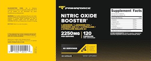 Primaforce Stickstoffmonoxid-Booster (2.250 mg, 120 Kapseln) - 40 Portionen für Pre-Workout und Post-Workout