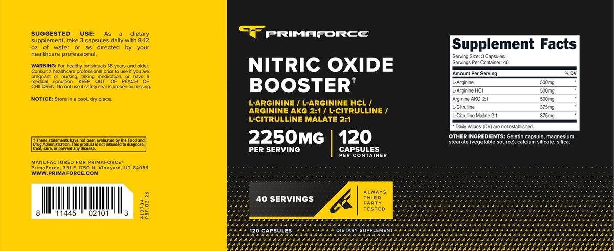 Primaforce Stickstoffmonoxid-Booster (2.250 mg, 120 Kapseln) - 40 Portionen für Pre-Workout und Post-Workout