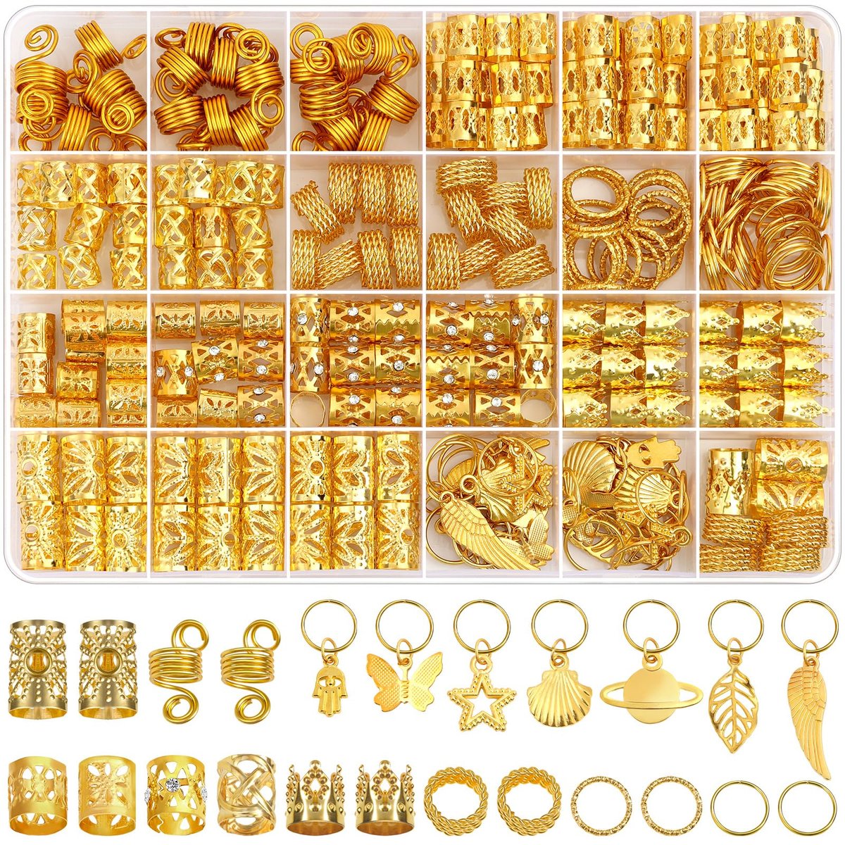 Lucomb 280-teiliger Haarschmuck für Frauen – Goldene Haarspangen, Perlen und Ringe für Zöpfe, Dreadlocks und Flechtfrisuren