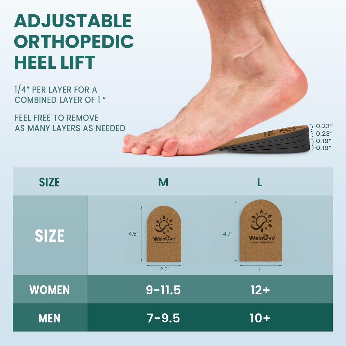 Verstellbare Fersenerhöhungseinlagen für Schuhe – Welnove 4 Schichten Orthopädische Schuherhöhungen für Frauen bei Beinlängendifferenz und Fersenschmerzen (Braun, Größe M, 2er-Pack)