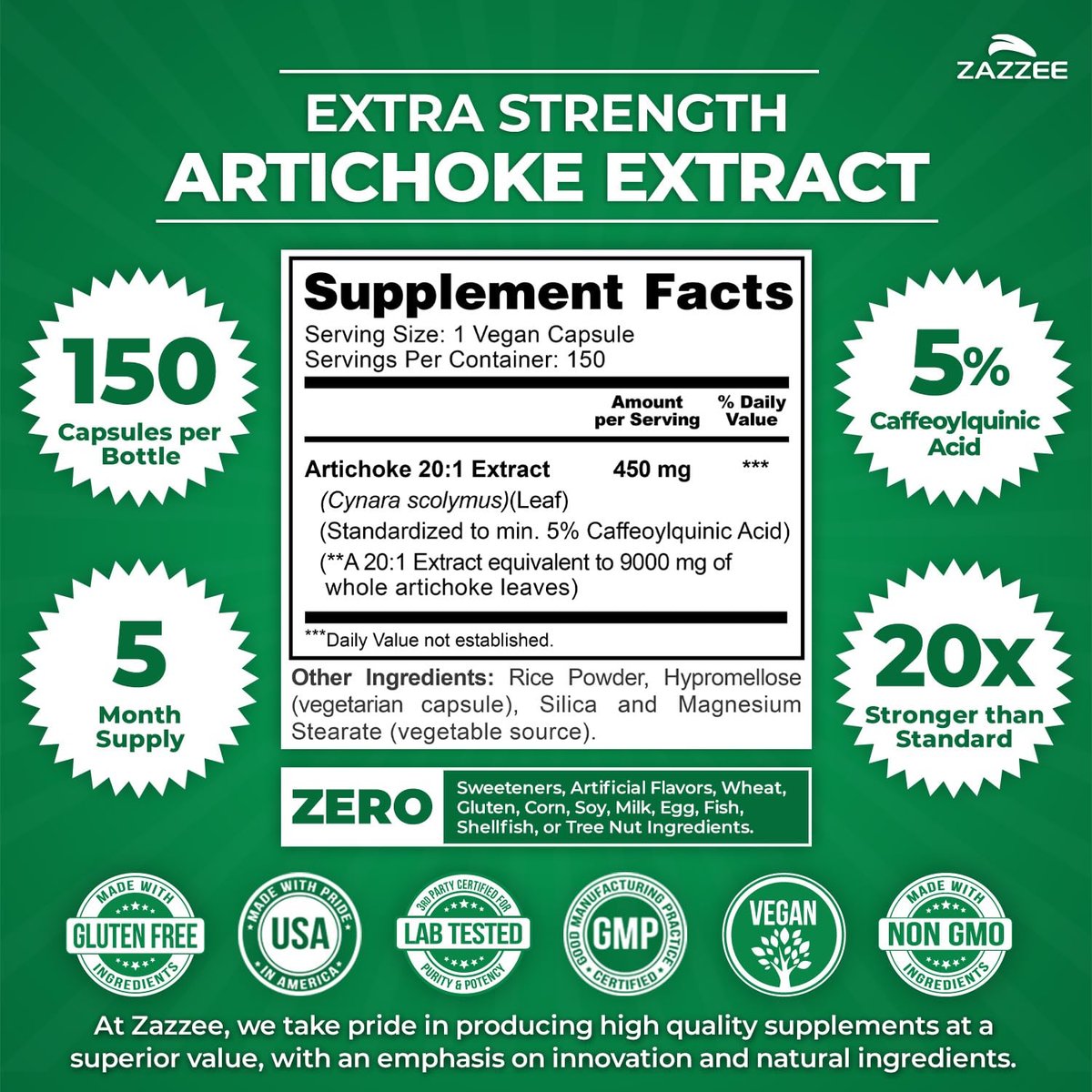 Zazzee Artischocke 20:1 Extrakt mit 5% Kaffeesäure, 150 vegane Kapseln, 5-Monatsvorrat, Cynara Scolymus, Verdauungs- und Leber-Detox-Unterstützung, Nahrungsergänzungsmittel, Non-GMO, Hergestellt in den USA