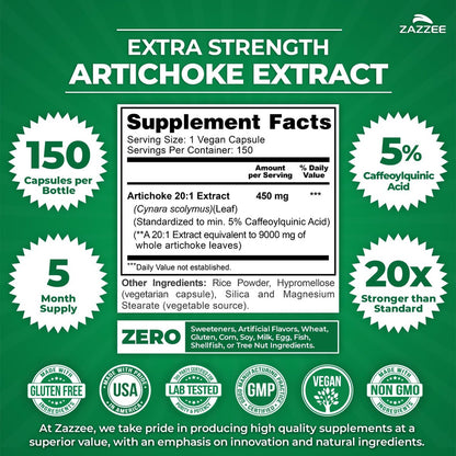 Zazzee Artischocke 20:1 Extrakt mit 5% Kaffeesäure, 150 vegane Kapseln, 5-Monatsvorrat, Cynara Scolymus, Verdauungs- und Leber-Detox-Unterstützung, Nahrungsergänzungsmittel, Non-GMO, Hergestellt in den USA