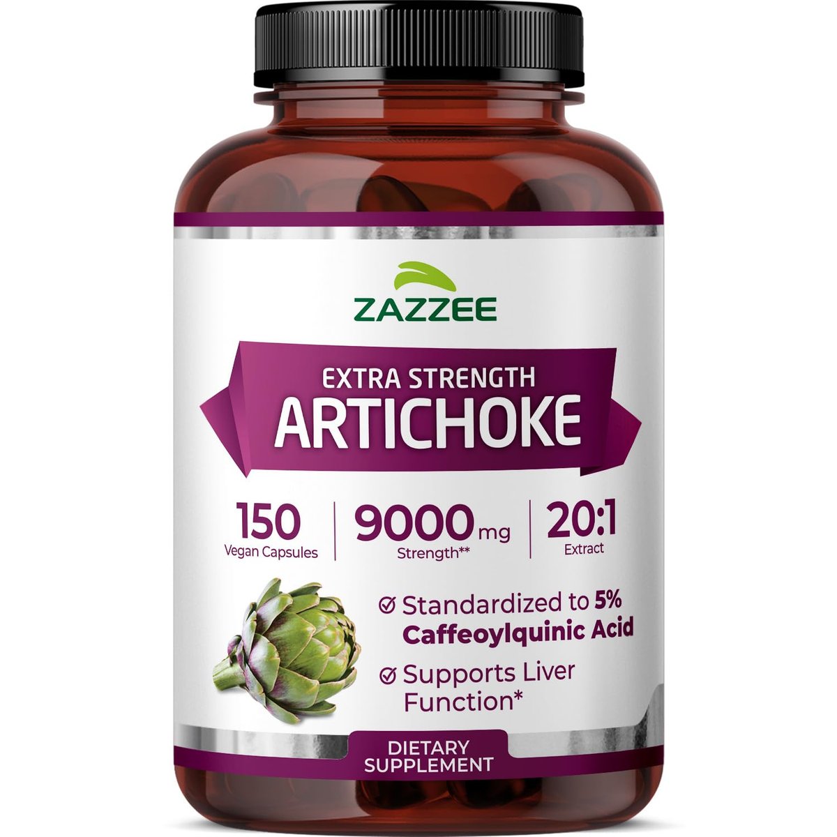 Zazzee Artischocke 20:1 Extrakt mit 5% Kaffeesäure, 150 vegane Kapseln, 5-Monatsvorrat, Cynara Scolymus, Verdauungs- und Leber-Detox-Unterstützung, Nahrungsergänzungsmittel, Non-GMO, Hergestellt in den USA