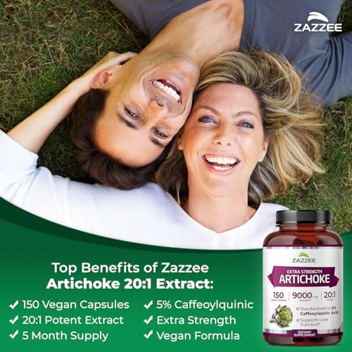 Zazzee Artischocke 20:1 Extrakt mit 5% Kaffeesäure, 150 vegane Kapseln, 5-Monatsvorrat, Cynara Scolymus, Verdauungs- und Leber-Detox-Unterstützung, Nahrungsergänzungsmittel, Non-GMO, Hergestellt in den USA