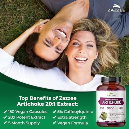 Zazzee Artischocke 20:1 Extrakt mit 5% Kaffeesäure, 150 vegane Kapseln, 5-Monatsvorrat, Cynara Scolymus, Verdauungs- und Leber-Detox-Unterstützung, Nahrungsergänzungsmittel, Non-GMO, Hergestellt in den USA