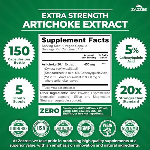Zazzee Artischocke 20:1 Extrakt mit 5% Kaffeesäure, 150 vegane Kapseln, 5-Monatsvorrat, Cynara Scolymus, Verdauungs- und Leber-Detox-Unterstützung, Nahrungsergänzungsmittel, Non-GMO, Hergestellt in den USA