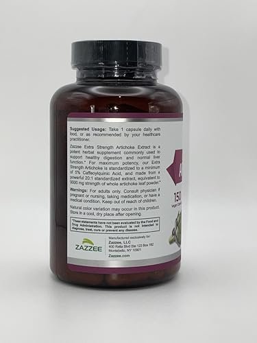 Zazzee Artischocke 20:1 Extrakt mit 5% Kaffeesäure, 150 vegane Kapseln, 5-Monatsvorrat, Cynara Scolymus, Verdauungs- und Leber-Detox-Unterstützung, Nahrungsergänzungsmittel, Non-GMO, Hergestellt in den USA