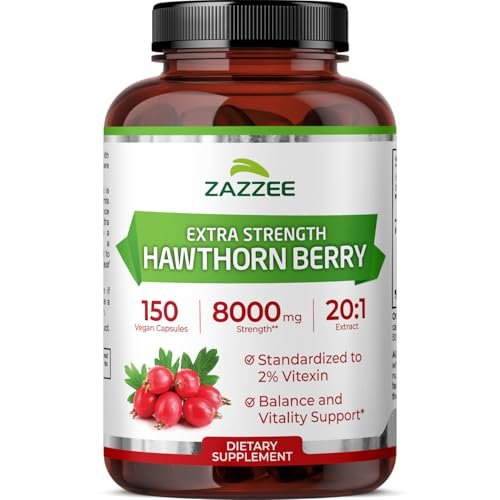 Zazzee Extra Starkes Weißdornbeeren 20:1 Extrakt, 2% Vitexin, 150 vegane Kapseln, 5 Monate Vorrat, Crataegus Pinnatifida, Antioxidans & Kreislaufunterstützung, 10-fach konzentriert, Nicht-GVO, Hergestellt in den USA