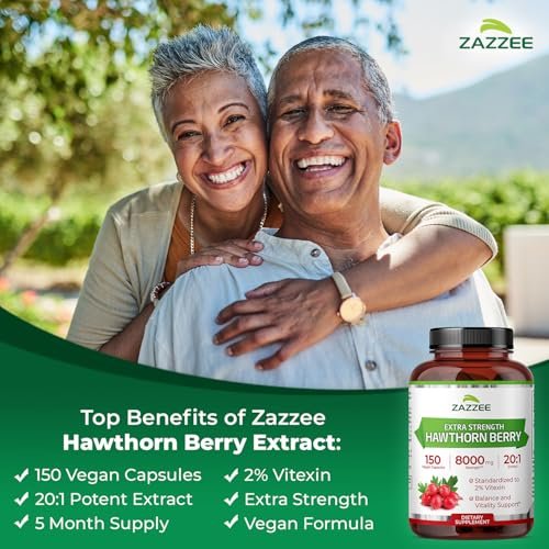 Zazzee Extra Starkes Weißdornbeeren 20:1 Extrakt, 2% Vitexin, 150 vegane Kapseln, 5 Monate Vorrat, Crataegus Pinnatifida, Antioxidans & Kreislaufunterstützung, 10-fach konzentriert, Nicht-GVO, Hergestellt in den USA