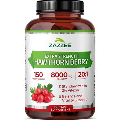 Zazzee Extra Starkes Weißdornbeeren 20:1 Extrakt, 2% Vitexin, 150 vegane Kapseln, 5 Monate Vorrat, Crataegus Pinnatifida, Antioxidans & Kreislaufunterstützung, 10-fach konzentriert, Nicht-GVO, Hergestellt in den USA