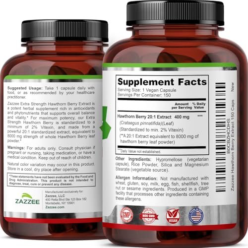 Zazzee Extra Starkes Weißdornbeeren 20:1 Extrakt, 2% Vitexin, 150 vegane Kapseln, 5 Monate Vorrat, Crataegus Pinnatifida, Antioxidans & Kreislaufunterstützung, 10-fach konzentriert, Nicht-GVO, Hergestellt in den USA