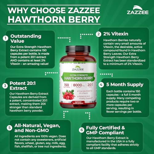 Zazzee Extra Starkes Weißdornbeeren 20:1 Extrakt, 2% Vitexin, 150 vegane Kapseln, 5 Monate Vorrat, Crataegus Pinnatifida, Antioxidans & Kreislaufunterstützung, 10-fach konzentriert, Nicht-GVO, Hergestellt in den USA