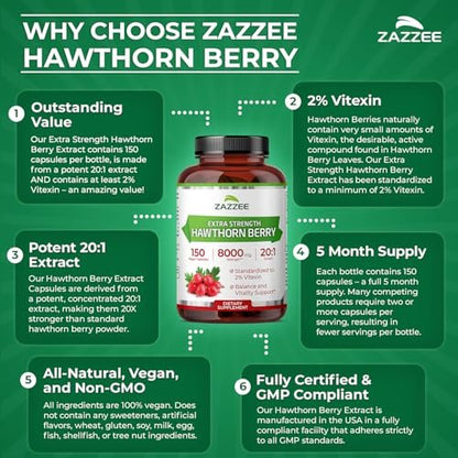 Zazzee Extra Starkes Weißdornbeeren 20:1 Extrakt, 2% Vitexin, 150 vegane Kapseln, 5 Monate Vorrat, Crataegus Pinnatifida, Antioxidans & Kreislaufunterstützung, 10-fach konzentriert, Nicht-GVO, Hergestellt in den USA