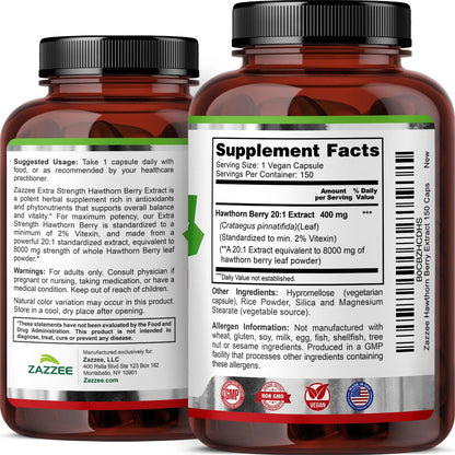 Zazzee Extra Starkes Weißdornbeeren 20:1 Extrakt, 2% Vitexin, 150 vegane Kapseln, 5 Monate Vorrat, Crataegus Pinnatifida, Antioxidans & Kreislaufunterstützung, 10-fach konzentriert, Nicht-GVO, Hergestellt in den USA