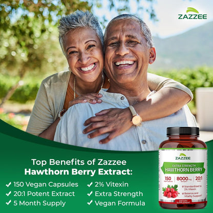Zazzee Extra Starkes Weißdornbeeren 20:1 Extrakt, 2% Vitexin, 150 vegane Kapseln, 5 Monate Vorrat, Crataegus Pinnatifida, Antioxidans & Kreislaufunterstützung, 10-fach konzentriert, Nicht-GVO, Hergestellt in den USA