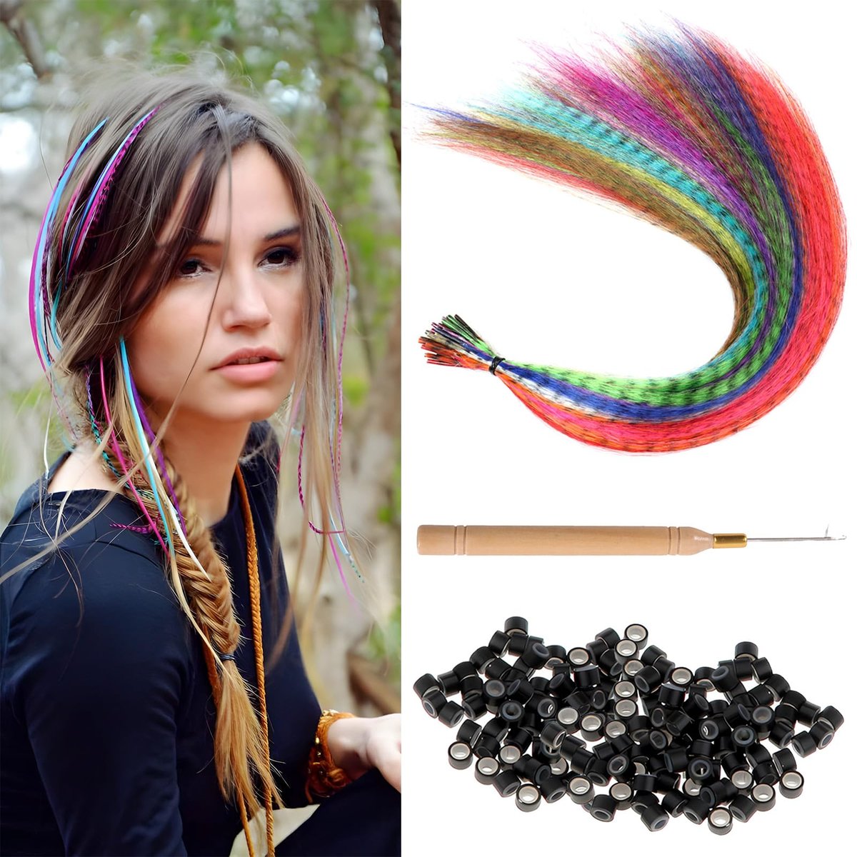 Kootinn Haarverlängerung Feder-Kit – 13 Farben gemischt, synthetische Feder-Haarextensions mit 100 Silikon-Mikro-Link-Perlen und 1 Häkelnadel (43 cm)
