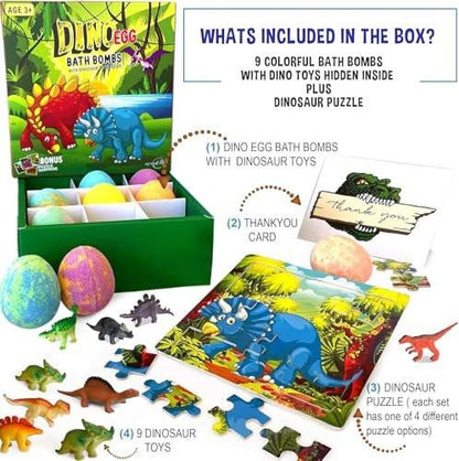 Badeier für Kinder mit Überraschungsspielzeug und Dinosaurier-Puzzle – Set mit 9 organischen Dino-Ei-Badeiern mit reichhaltigem Schaum, Geburtstagsgeschenke für Kinder
