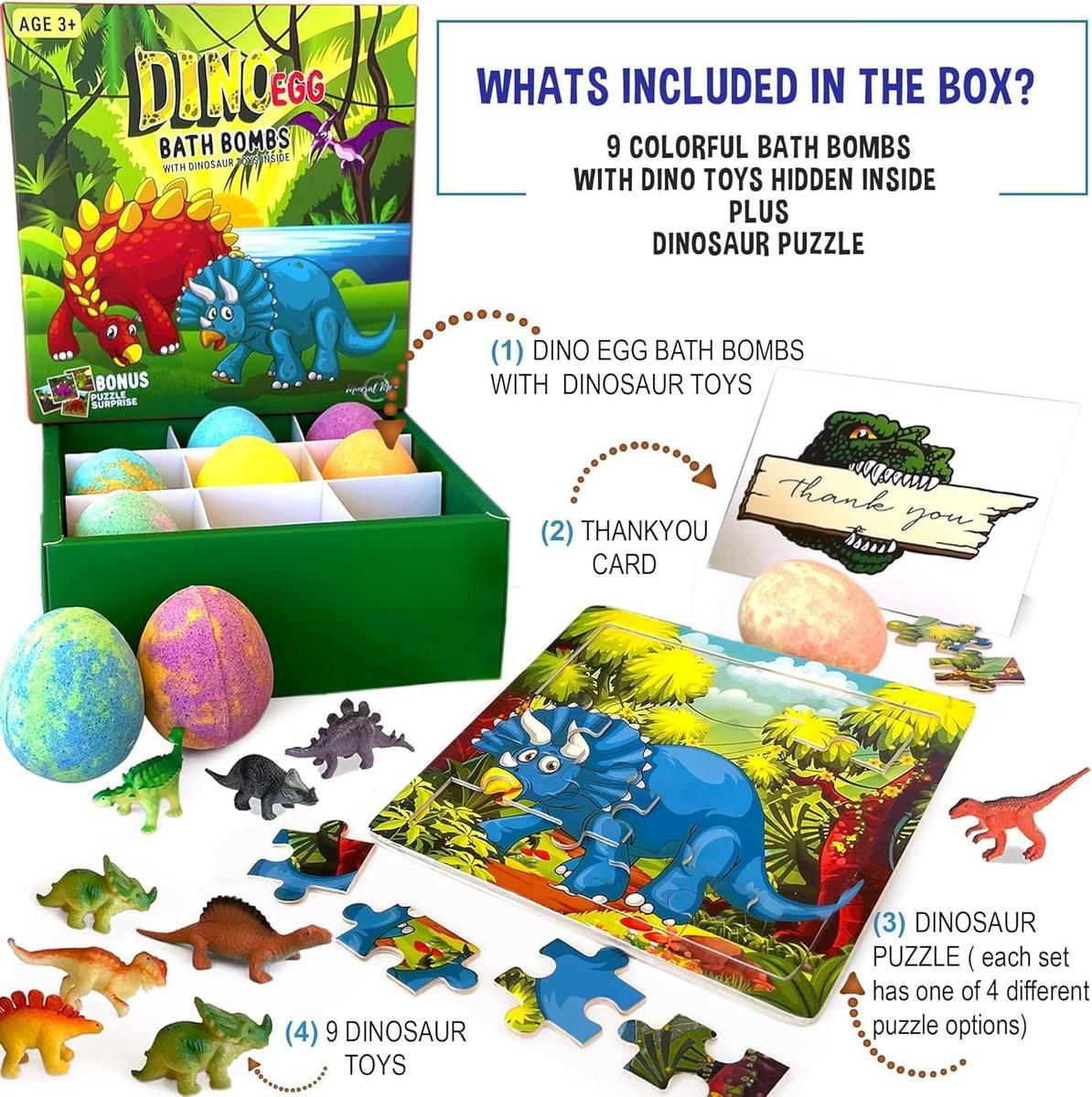 Badeier für Kinder mit Überraschungsspielzeug und Dinosaurier-Puzzle – Set mit 9 organischen Dino-Ei-Badeiern mit reichhaltigem Schaum, Geburtstagsgeschenke für Kinder