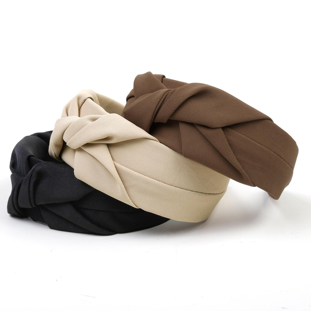 Geknotete Stirnbänder für Frauen – Rutschfeste Wide Top Knot Haarbänder, Modische Haarbänder in Schwarz, Beige, Braun – 3-teiliges Haarschmuck-Set