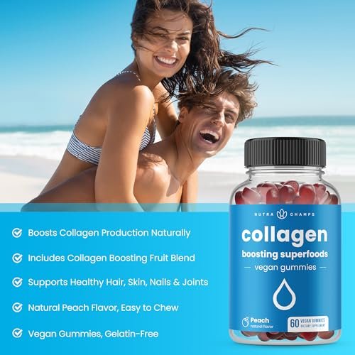 NutraChamps Collagen Boosting Gummies – Vegane Kollagen-Booster Gummibärchen für Frauen und Männer, 60 Pfirsich-Vitamin-Gummis