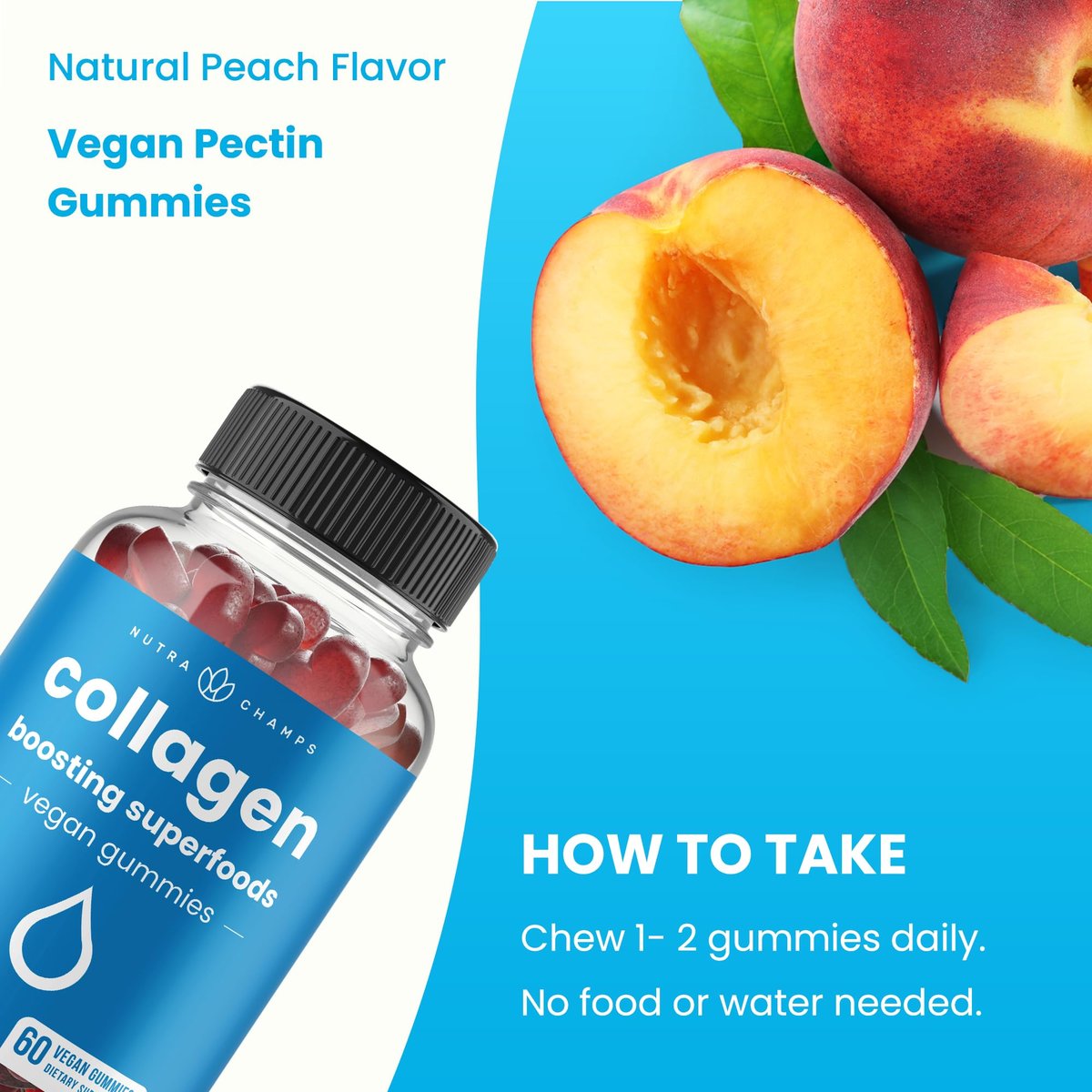 NutraChamps Collagen Boosting Gummies – Vegane Kollagen-Booster Gummibärchen für Frauen und Männer, 60 Pfirsich-Vitamin-Gummis