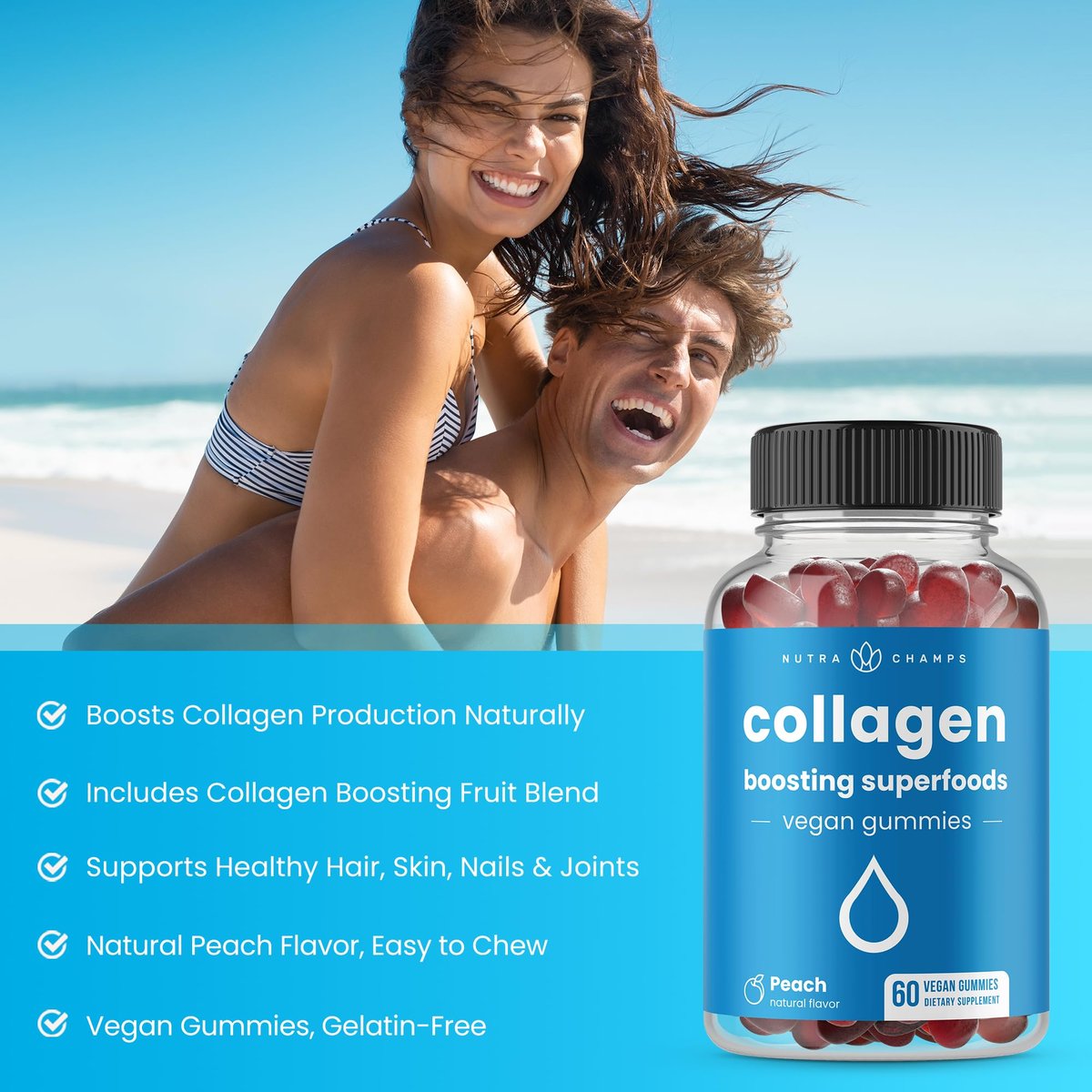 NutraChamps Collagen Boosting Gummies – Vegane Kollagen-Booster Gummibärchen für Frauen und Männer, 60 Pfirsich-Vitamin-Gummis
