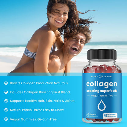 NutraChamps Collagen Boosting Gummies – Vegane Kollagen-Booster Gummibärchen für Frauen und Männer, 60 Pfirsich-Vitamin-Gummis