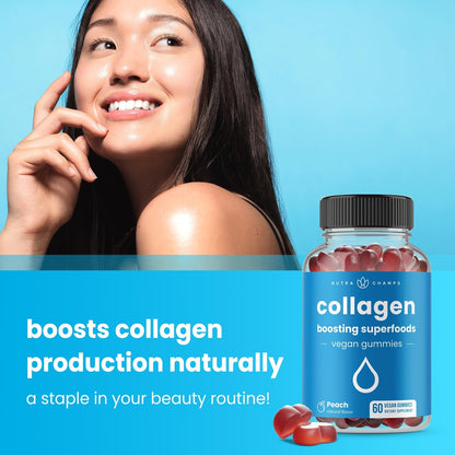 NutraChamps Collagen Boosting Gummies – Vegane Kollagen-Booster Gummibärchen für Frauen und Männer, 60 Pfirsich-Vitamin-Gummis