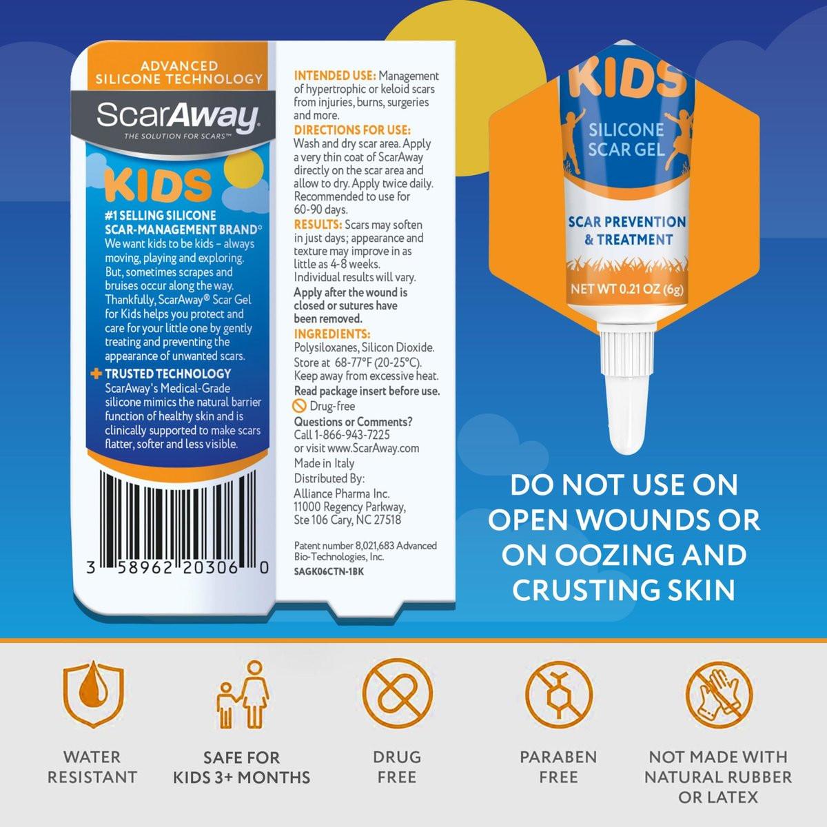 ScarAway Kids Silikon-Narbengel, 100% medizinische Qualität, hilft bei der Verbesserung von Größe, Farbe und Textur hypertropher und Keloide Narben im Gesicht und am Körper durch Verletzungen, Verbrennungen und Operationen, wasserbeständig, klar, 6 g
