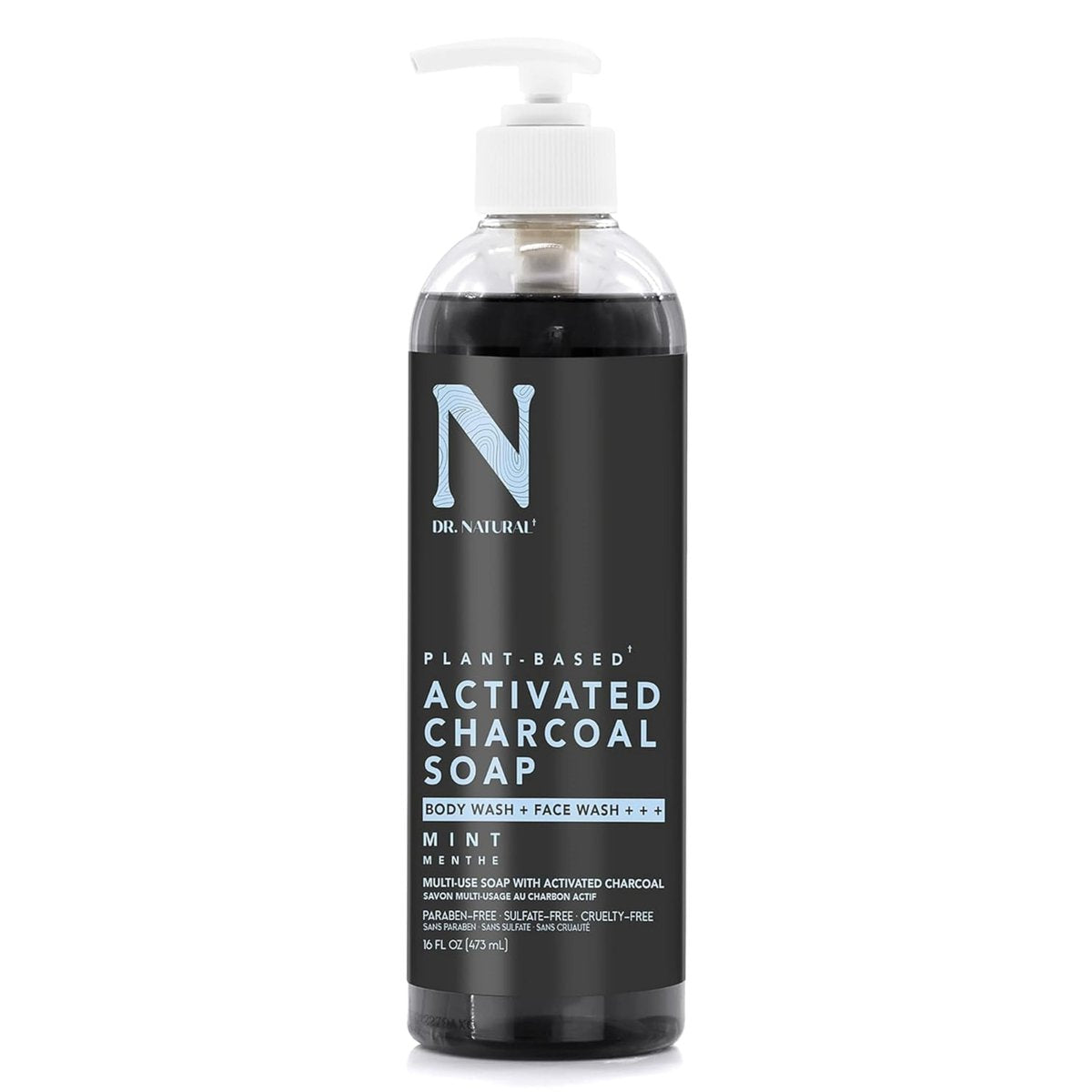 Dr. Natural Aktivkohle-Flüssigseife – Bekämpft Akne und Hautunreinheiten – Tiefenreinigendes Duschgel – Sanfte Körperseife für klare Haut – Minze – 473 ml