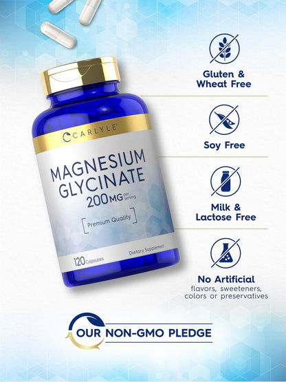Carlyle Magnesium Glycinat 200 mg | 120 Kapseln | Nicht-GVO & Glutenfrei | Magnesiumpräparat