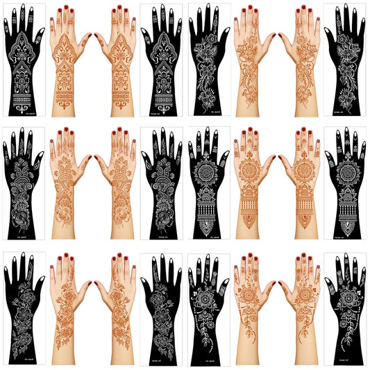 Henna-Tattoo-Schablonen-Set, 12 Blatt Aufkleber für Henna-Tattoo Hand Unterarm Glitzer Airbrush DIY Tätowierungsvorlage, Große Indische Temporäre Tattoo-Aufkleber