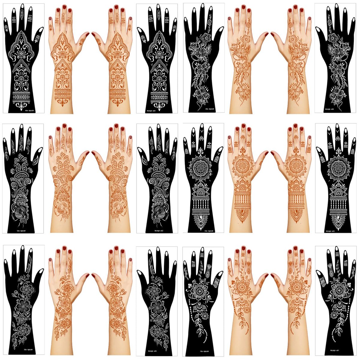 Henna-Tattoo-Schablonen-Set, 12 Blatt Aufkleber für Henna-Tattoo Hand Unterarm Glitzer Airbrush DIY Tätowierungsvorlage, Große Indische Temporäre Tattoo-Aufkleber