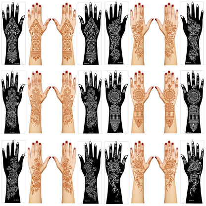 Henna-Tattoo-Schablonen-Set, 12 Blatt Aufkleber für Henna-Tattoo Hand Unterarm Glitzer Airbrush DIY Tätowierungsvorlage, Große Indische Temporäre Tattoo-Aufkleber