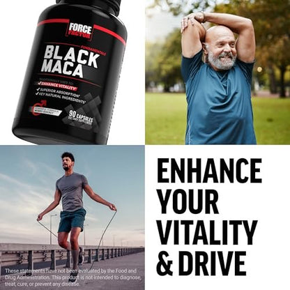 Force Factor Black Maca Wurzel Ergänzung für Männer, 1000 mg Maca Negra Extrakt für Energie, hormonelles Gleichgewicht & Vitalität, verbesserte Absorption mit BioPerine, 90 Kapseln